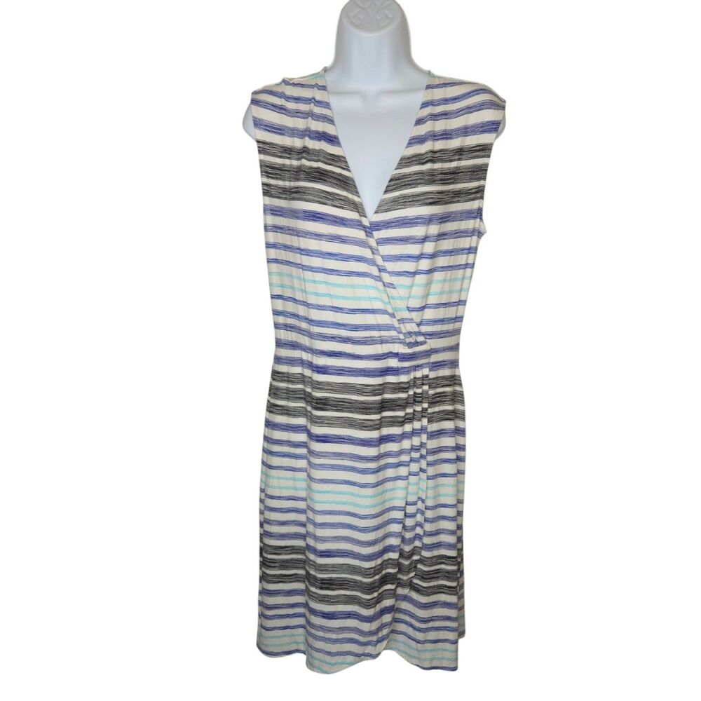 Ann Taylor Striped Faux Wrap Dress Medium Sleeveless V-Neck Stretch